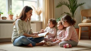 Home-based educator reading with young children in a home childcare setting in Auckland